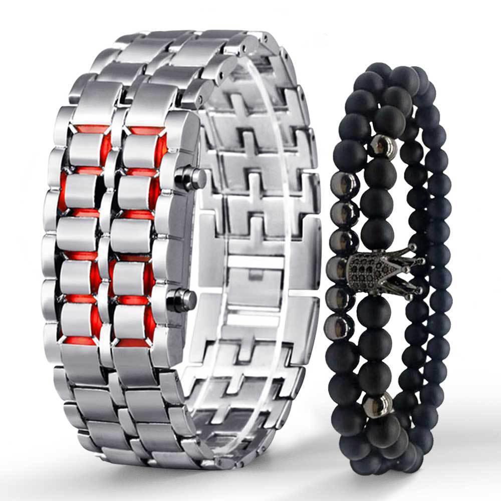 Stylish LED Digital Watch and Beaded Bracelet Set