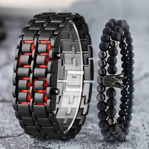 Stylish LED Digital Watch and Beaded Bracelet Set